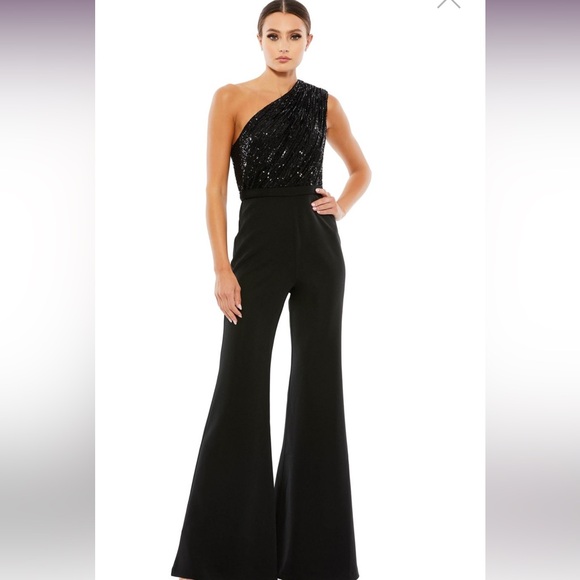 Black Sparkly One Shoulder Satin Mac Duggal Jumpsuit. Fun, fun , fun Size 14 - Picture 4 of 11